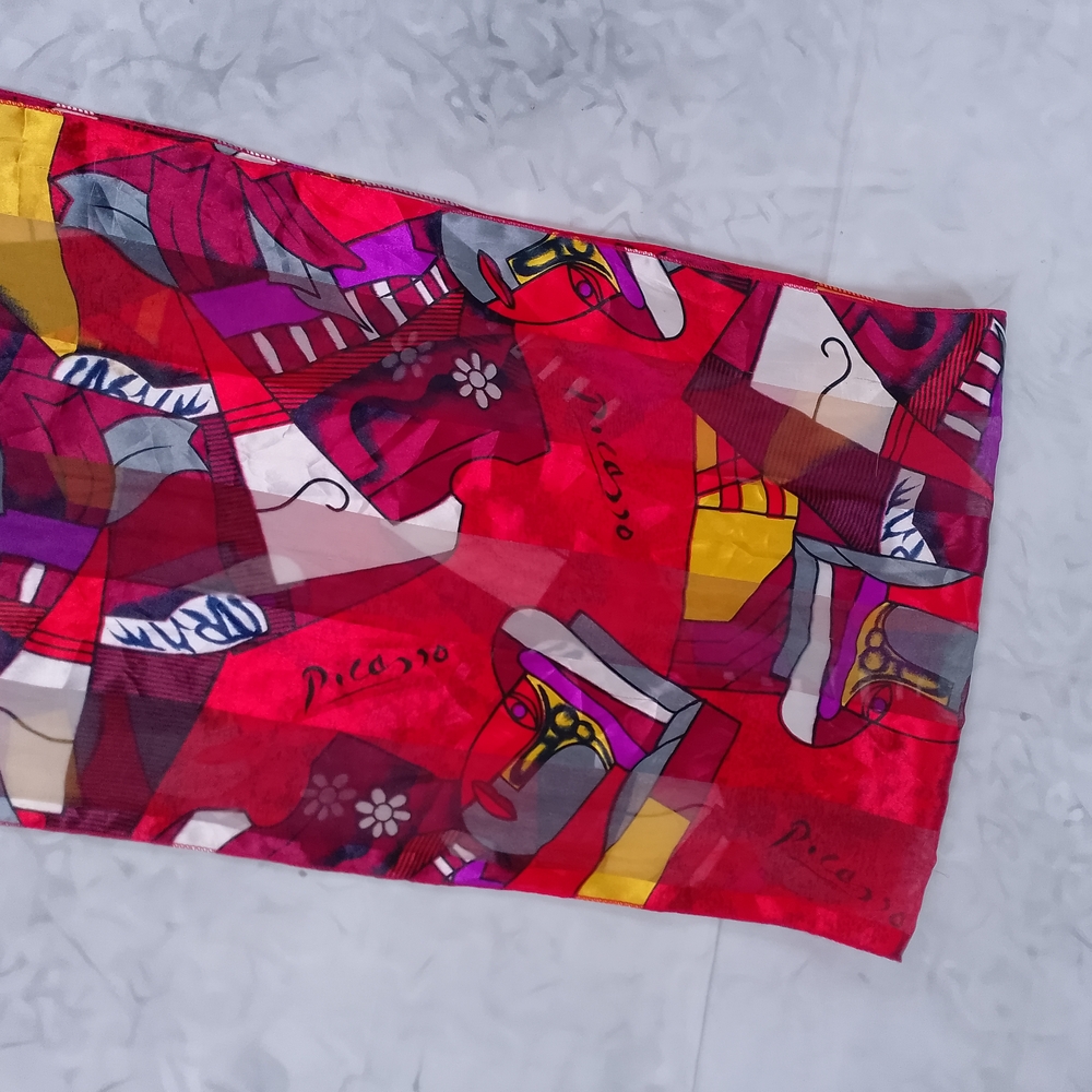 Vintage Picasso Abstract Silk Scarf Red 60x13 Artistic Retro Accessory - Picture 5 of 8